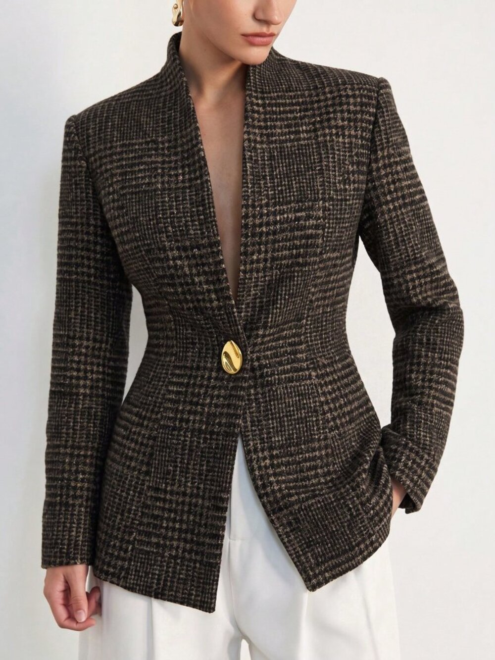 Coffee Brown Elegant Women's Regular Fit Stand Collar Geometric Plazer Jacket